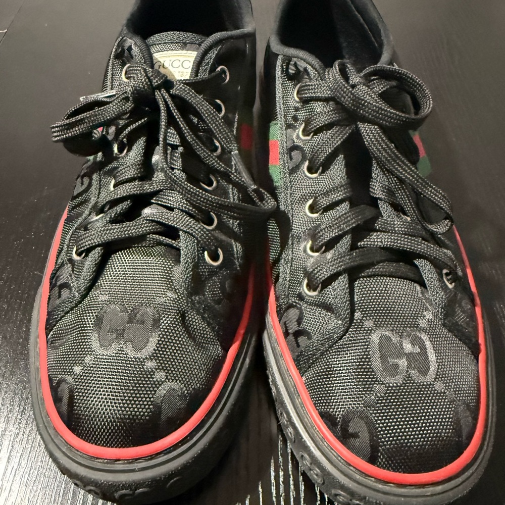 Gucci Black GG Canvas Sneakers with Red Sole Trim and Web Stripe - Picture 1 of 4
